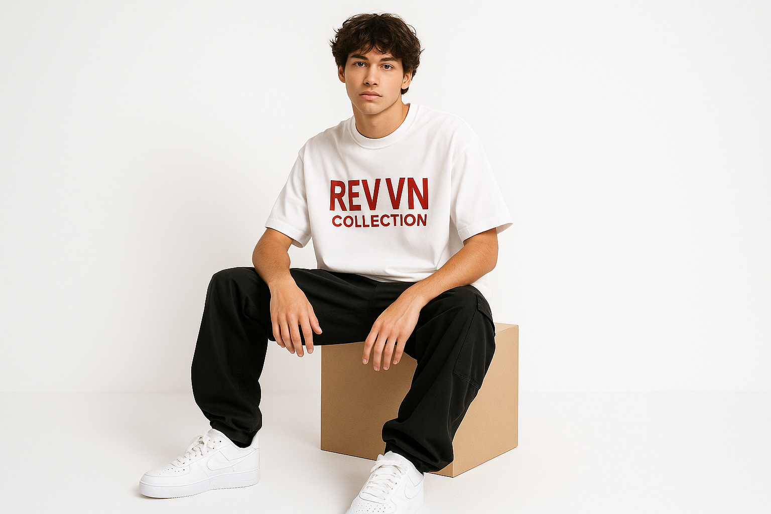 QUIERO UN CHICO SENTADO EN UNA CAJA DE CARTO MARRON CLARO CON FONDO BLANCO, EL CHICO TIENE QUE IR EN ZAPATOS BLANCOS, PANATALON ESTILO BAGGY O CARGO EN COLOR NEGRO, Y LA FRANELA ESTILO OVERSIDE COLOR BLANCO CON TEXTO EN COLOR ROJO QUE DIGA, REVVN COLLECTION